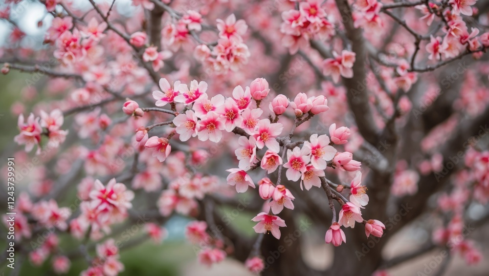 Blossoming Almond Tree with Pink Flowers and Soft Background for Text Placement in a Serene Nature Setting Blossoming Almond Tree with Pink Flowers and Soft Background for Text Placement in a Serene Nature Setting