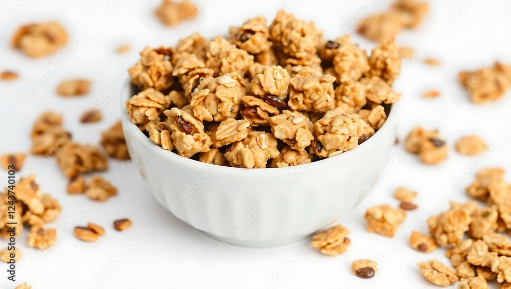 Crunchy granola mix in a bowl with scattered pieces on a surface Crunchy granola mix in a bowl with scattered pieces on a surface