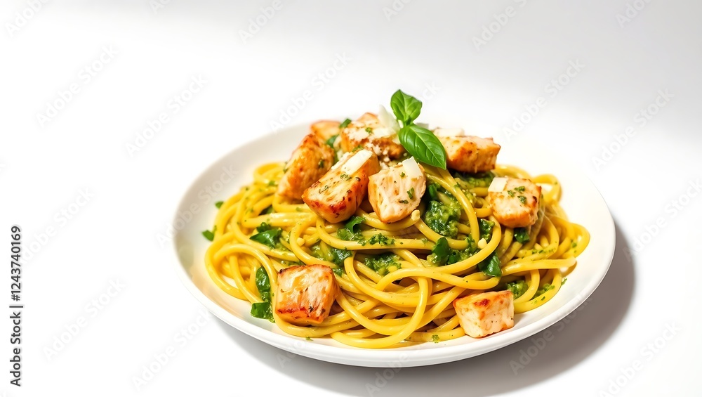 Spaghetti with grilled chicken and fresh basil on a white plate Spaghetti with grilled chicken and fresh basil on a white plate