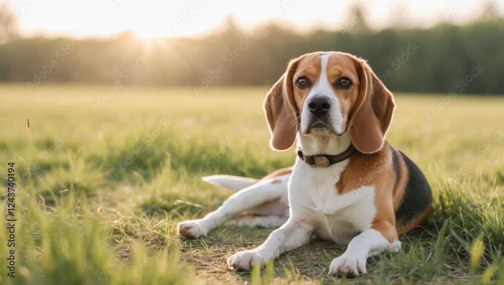 Beagle Dog Relaxing in Sunlit Grass Field with Copy Space for Text in Nature Setting Beagle Dog Relaxing in Sunlit Grass Field with Copy Space for Text in Nature Setting