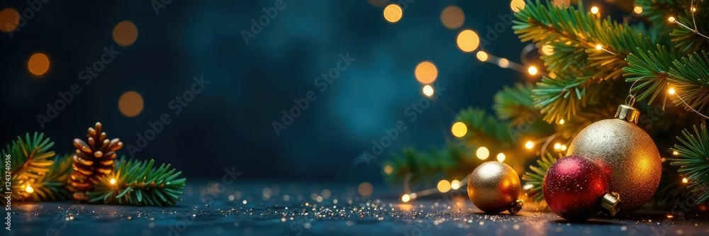 Golden ornaments and garlands against a dark blue backdrop, warm glow, shining ornaments, festive lights Golden ornaments and garlands against a dark blue backdrop, warm glow, shining ornaments, festive lights
