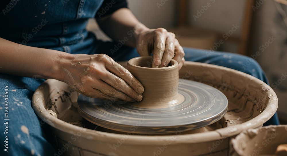 Expert potter shaping clay on a pottery wheel. Hands, craft, studio. Expert potter shaping clay on a pottery wheel. Hands, craft, studio.