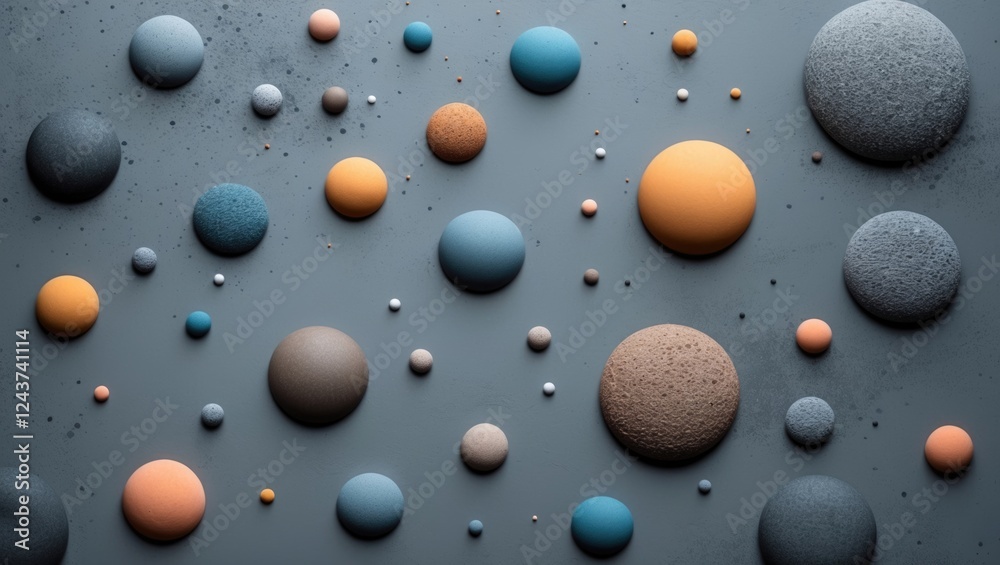 Colorful abstract circles on a gray surface creating a modern artistic background with varying sizes and textures for creative designs. Colorful abstract circles on a gray surface creating a modern artistic background with varying sizes and textures for creative designs.