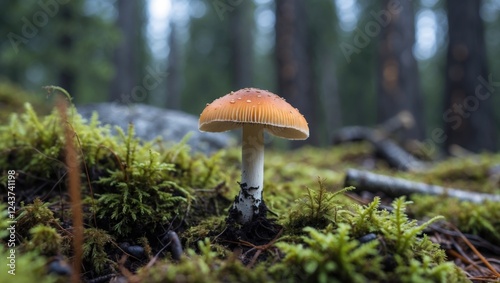 Tiny mushroom emerging from mossy soil in a conifer forest with soft focus background and space for text or graphic overlay.