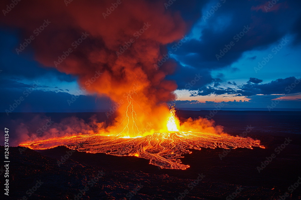 Volcanic eruption, lava flows and smoke