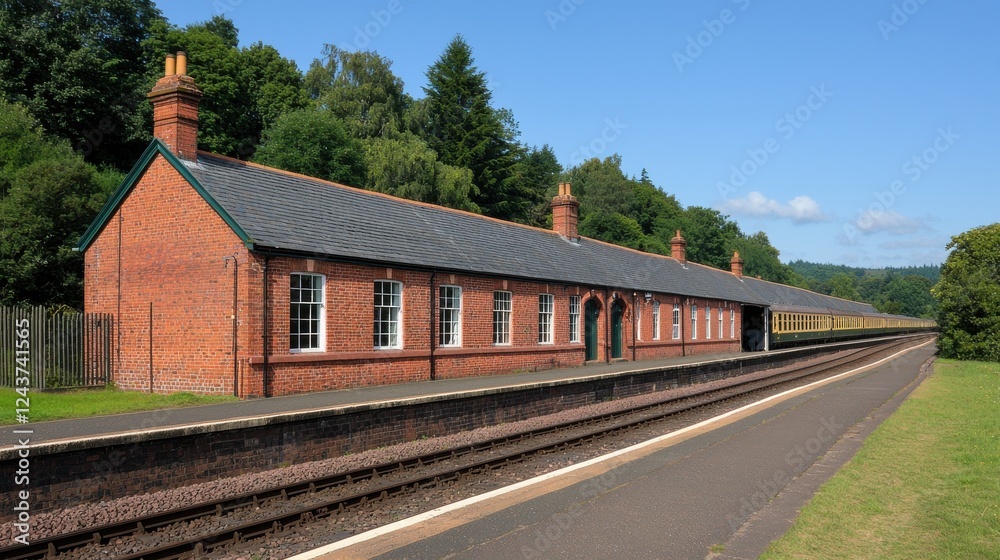 A charming rural railway station nestled in a lush green countryside landscape with a freight train passing through the platform The historic architecture and natural surroundings create a peaceful A charming rural railway station nestled in a lush green countryside landscape with a freight train passing through the platform The historic architecture and natural surroundings create a peaceful