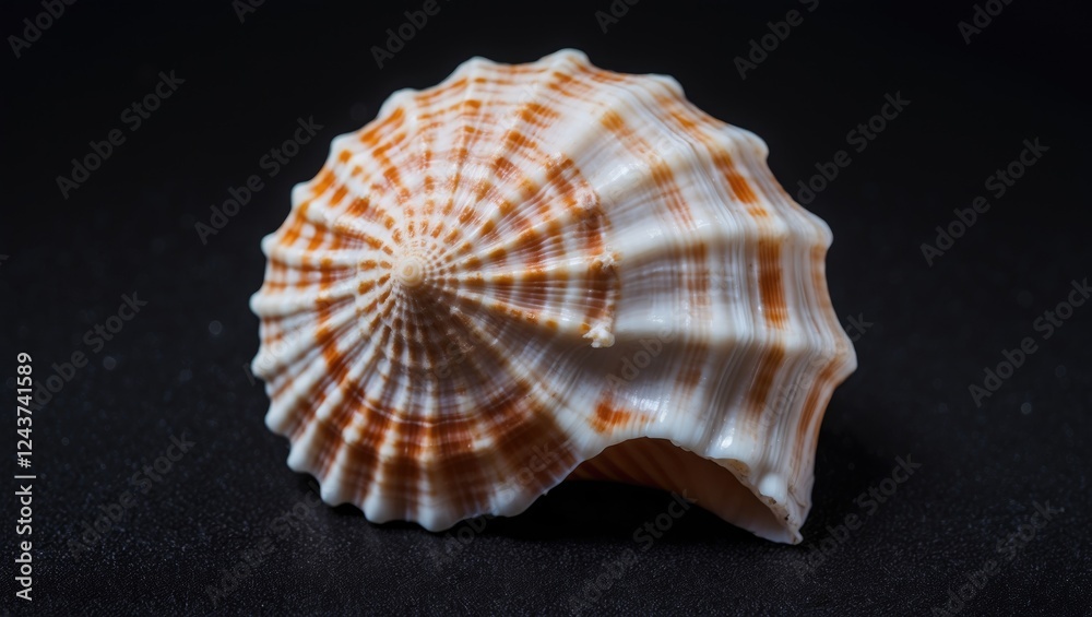 Obraz premium Seashell with intricate patterns on a black background creating a visually striking composition with space for text or design elements.