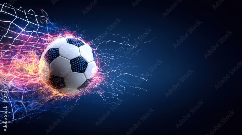 Naklejka premium A dynamic and energetic soccer ball rushing into the net with intense motion blur creating a powerful and captivating visual effect that captures the essence of the sport