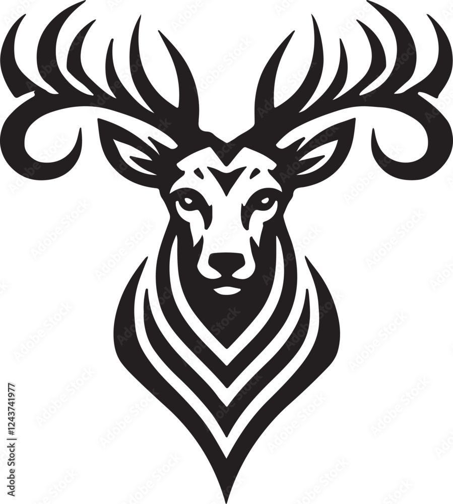 Fototapeta premium Bold Black and White Tribal-Style Majestic Deer with Intricate Antlers Vector