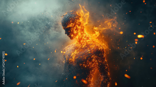 Stunning Conceptual Art of a Fiery Human Figure Emanating Flames and Light Against a Dark, Smoky Background in a Surreal and Dramatic Scene