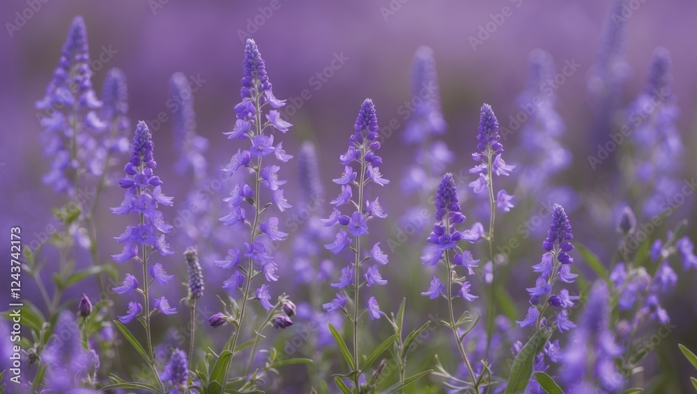 Fototapeta premium Closeup of vibrant purple wildflowers in a natural setting showcasing their delicate petals and lush green foliage.
