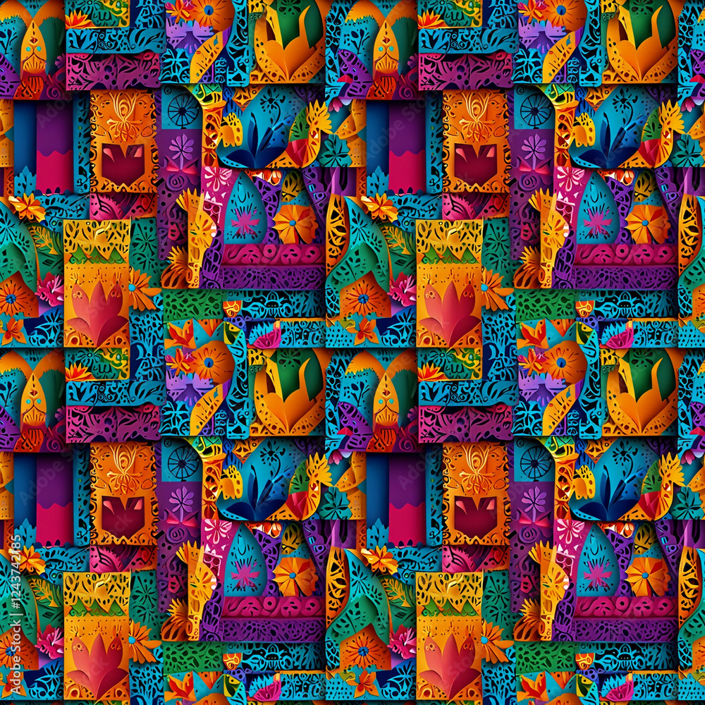 Naklejka premium Colorful seamless background with mexican paper flags, floral and geometric patterns
