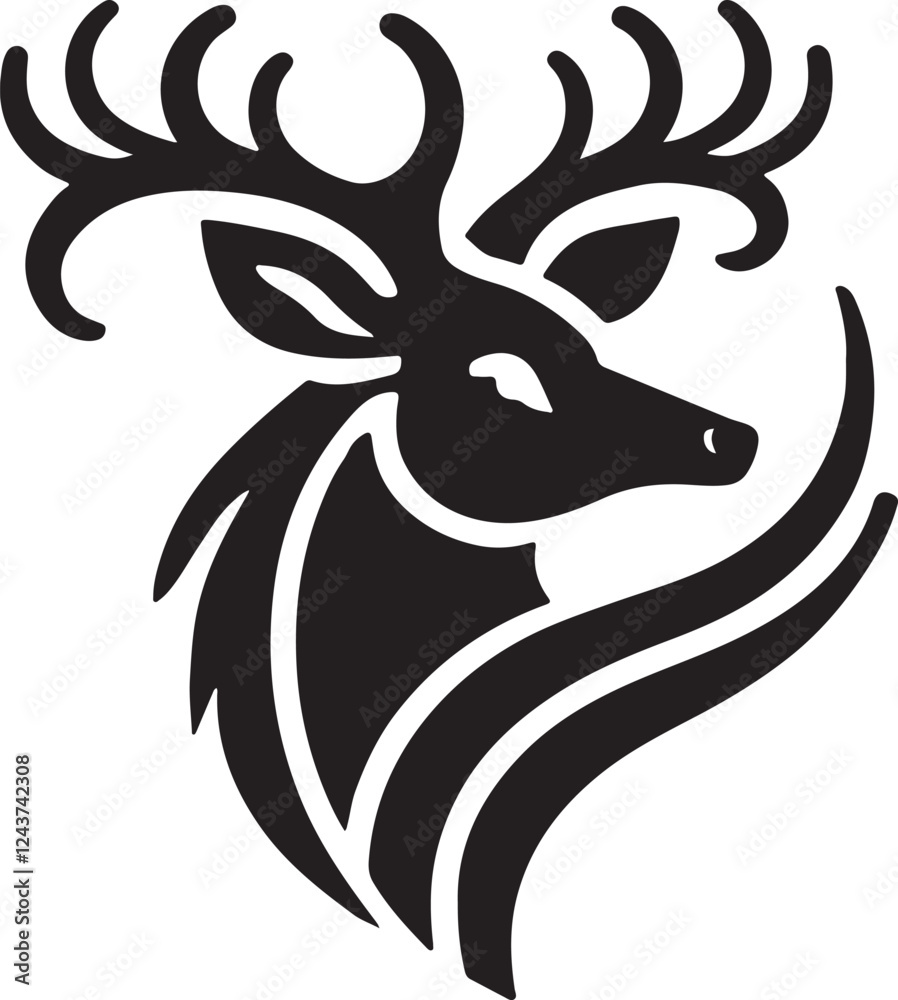 Bold Black and White Tribal-Style Majestic Deer with Intricate Antlers Vector
Bold Black and White Tribal-Style Majestic Deer with Intricate Antlers Vector