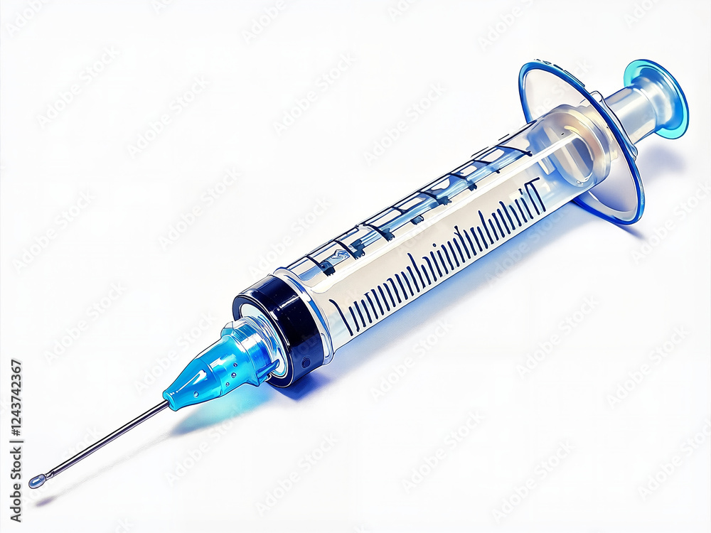 syringe with a droplet of liquid at the tip on a white background syringe with a droplet of liquid at the tip on a white background