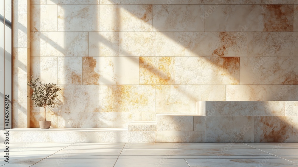 A bright interior featuring a marble wall with natural light and a small plant in a pot.