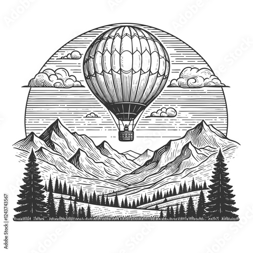 hot air balloon floating above a scenic mountain landscape with rolling hills, trees, and clouds sketch engraving generative ai vector illustration. Scratch board imitation. Black and white image.