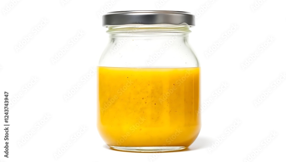 Homemade yellow sauce in glass jar with metal lid