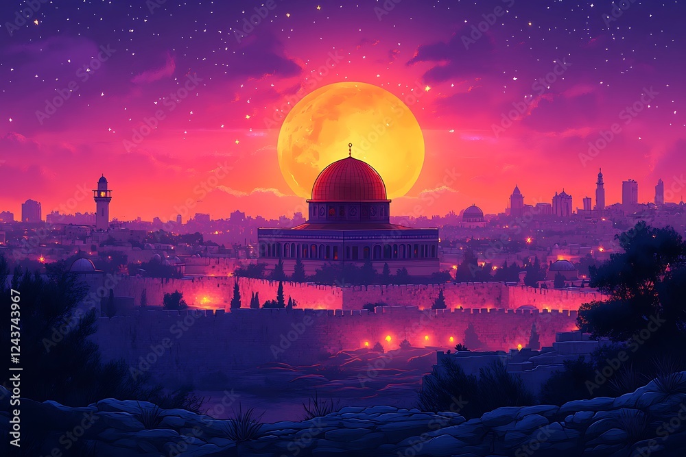 Obraz premium Mystical Jerusalem at Dawn, Dome of the Rock Illuminated