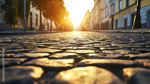 a brickpaved road, warm earthy tones, historical ambiance, European charm, vintage aesthetic, isolated on white background photo