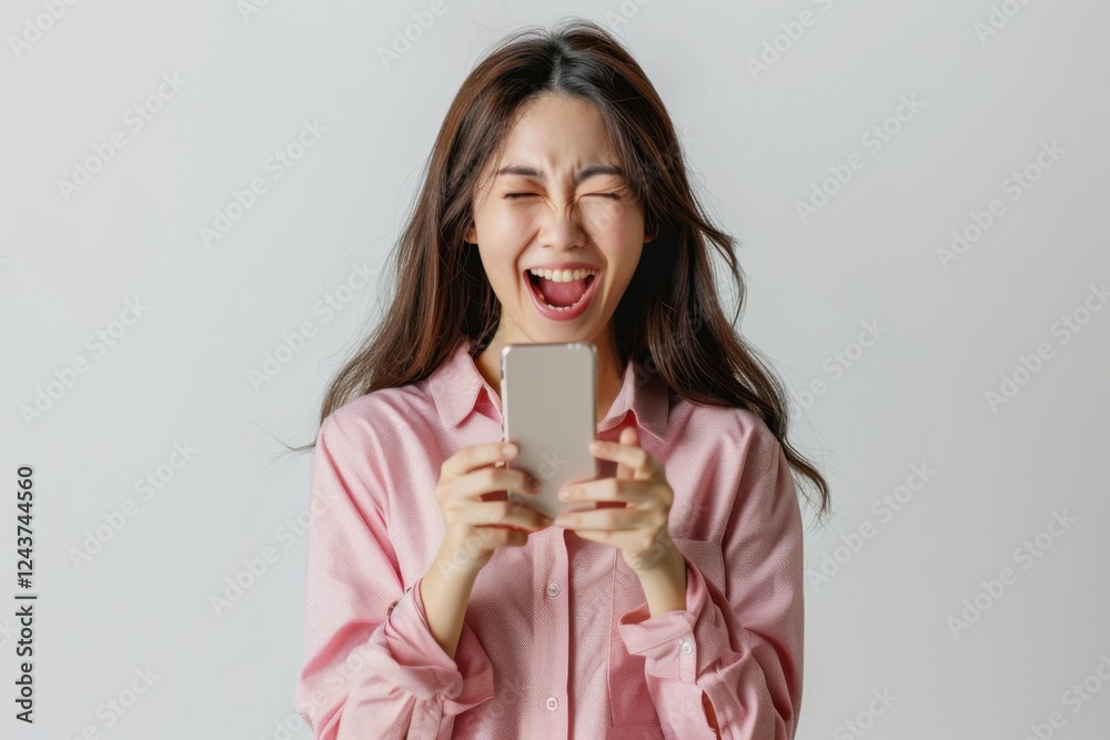 Ecstatic Asian woman holding a smartphone, celebrating her success against a white background Ecstatic Asian woman holding a smartphone, celebrating her success against a white background