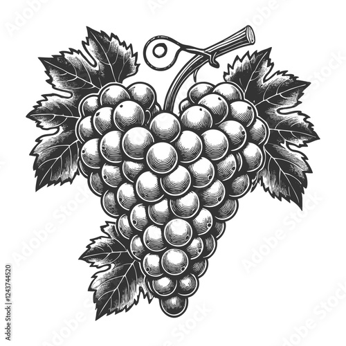 Heart shaped bunch of grapes with detailed leaves, classic botanical illustration style and traditional fruit etching sketch engraving generative ai vector. Scratch board imitation. Black and white.