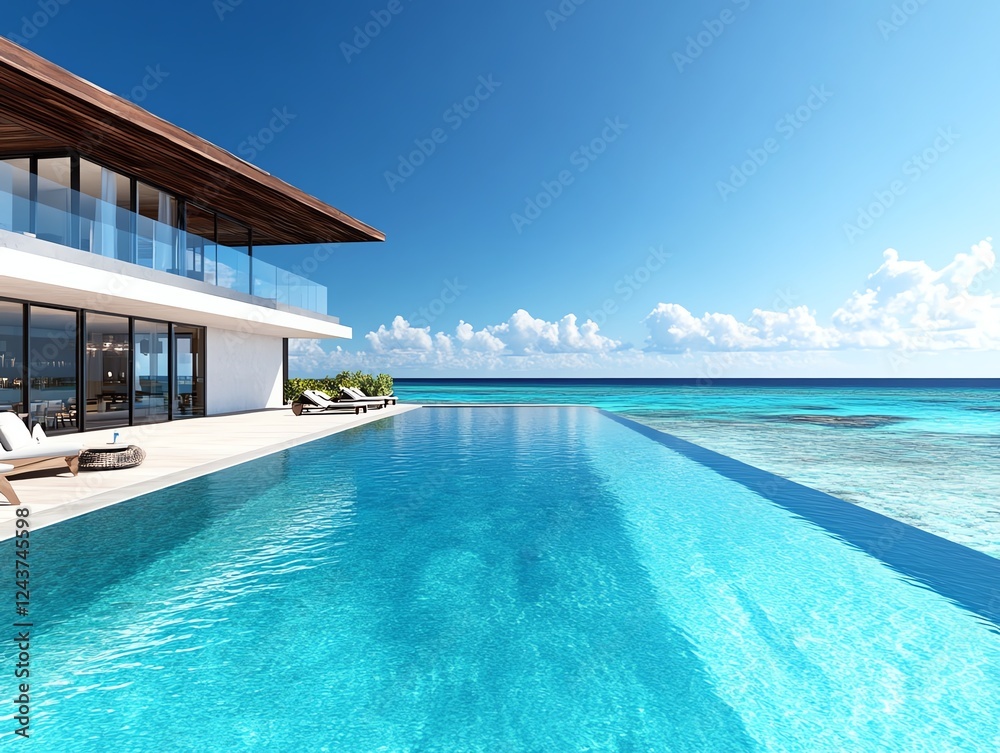 Fototapeta premium a luxury beach resort, overwater bungalows, infinity pool by the ocean, highend travel destination, ultradetailed, isolated on white background