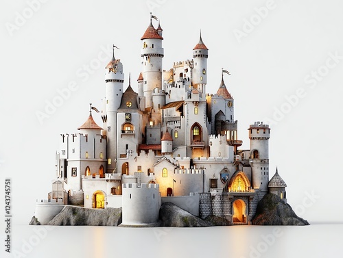 a medieval kingdom theme park, jousting arenas, towering castles, knights and dragons, historical fantasy aesthetic, isolated on white background photo