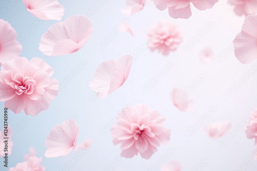 pink flowers and petals suspended mid air light blue to white bg pink flowers and petals suspended mid air light blue to white bg
