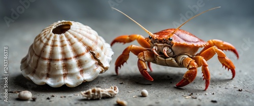 Close-up of a hermit crab exploring a large empty shell on a textured surface with space for text or design elements in the background. photo