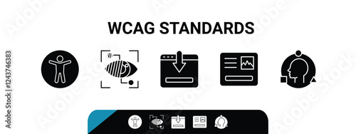 WCAG standards icons outline the principles of accessibility, featuring universal access, visual clarity, and adaptability, transparent background. Outline icons set.