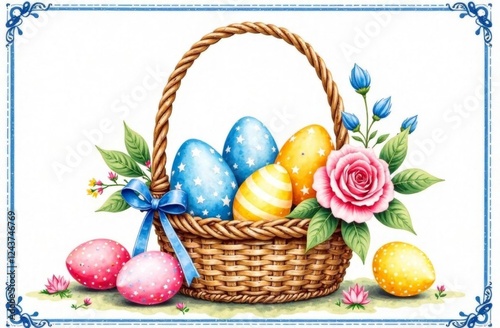A watercolor Easter card in French chinoiserie style, featuring a basket of vibrant Easter eggs and roses. The card is framed with a vintage blue chinoiserie border and adorned with a coordinating