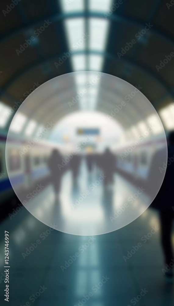 Passengers move through a spacious train station, surrounded by a translucent space background as they await their trains on a bright morning, blending into the atmosphere. Generative AI Passengers move through a spacious train station, surrounded by a translucent space background as they await their trains on a bright morning, blending into the atmosphere. Generative AI