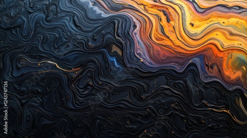 Abstract black oil slick texture with rainbow reflections and flowing organic patterns