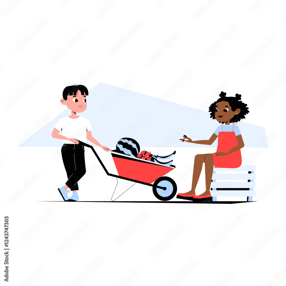 Boy Transporting Harvest In A Wheelbarrow While Talking To A Girl In Flat Vector Illustration Symbolizing Farming, Agriculture, And Community, Isolated On White Background. Boy Transporting Harvest In A Wheelbarrow While Talking To A Girl In Flat Vector Illustration Symbolizing Farming, Agriculture, And Community, Isolated On White Background.