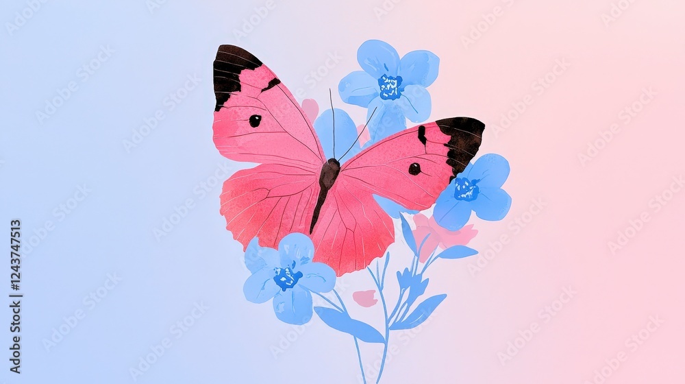 custom made wallpaper toronto digitalVibrant Pink Butterfly Among Soft Blue Flowers Illustration Art