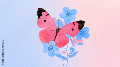 Wallpaper Mural Vibrant Pink Butterfly Among Soft Blue Flowers Illustration Art Torontodigital.ca