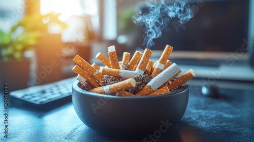 Used cigarettes in ashtray at home office. Smoky indoor scene photo