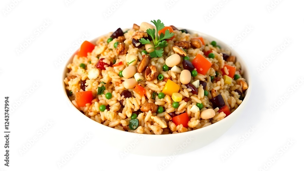 Colorful rice bowl with vegetables and nuts prepared for a healthy meal Colorful rice bowl with vegetables and nuts prepared for a healthy meal