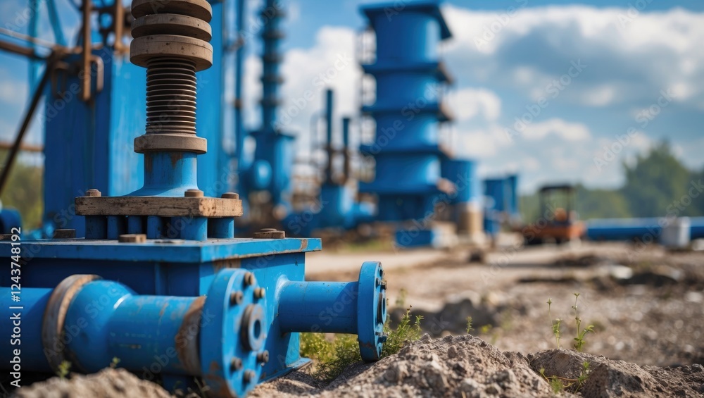 Closeup view of blue industrial equipment in outdoor construction site highlighting machinery and infrastructure against a blurred background