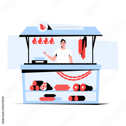 Butcher Stall With Male Vendor in Flat Vector Illustration Symbolizing Meat Market, Fresh Produce, and Traditional Butchery, Isolated on White Background