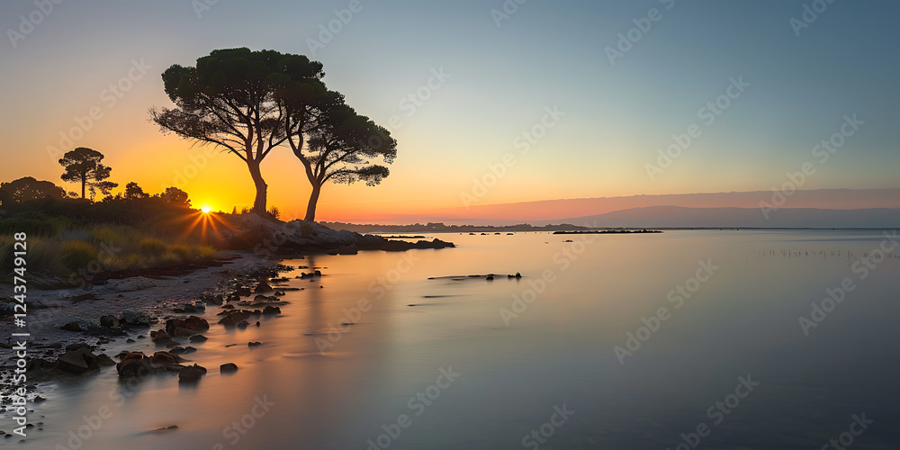 Silhouetted Trees at Sunset Reflecting Vibrant Colors Over Calm Sea