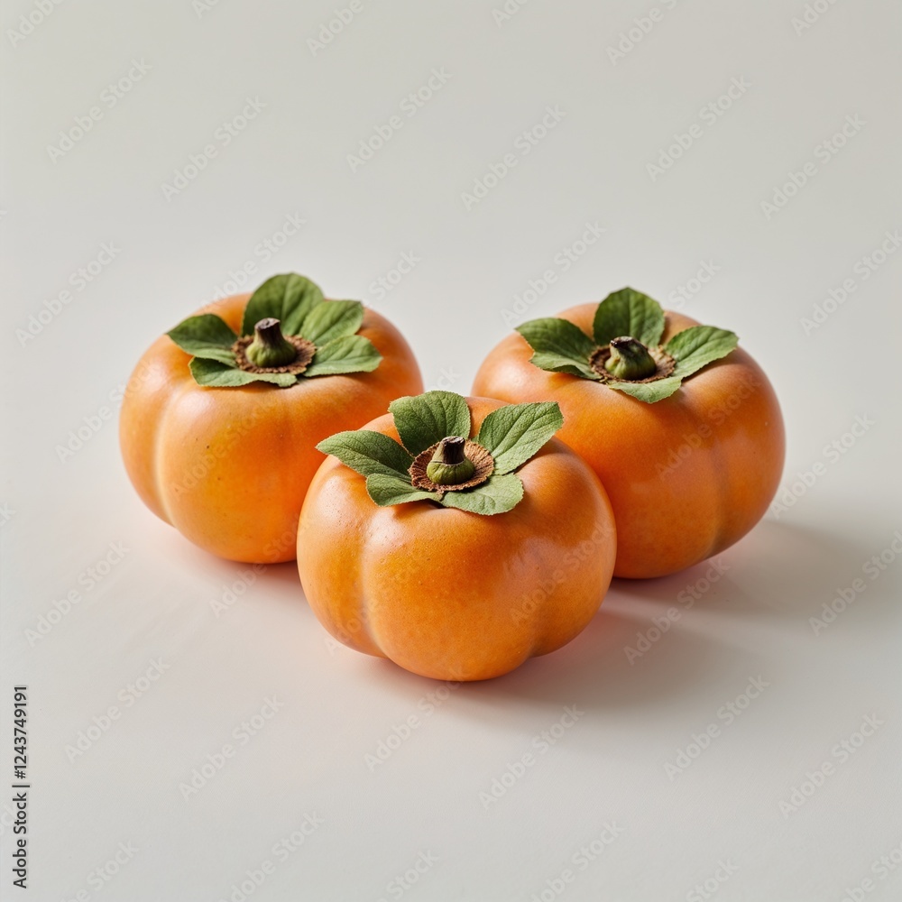 A fuyu persimmon fruit orange and green on plain white background A fuyu persimmon fruit orange and green on plain white background