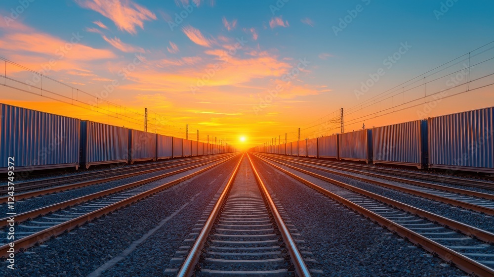 Cargo train station at dusk with workers loading freight onto the platform The sunset sky casts a warm glow over the industrial scene Cargo train station at dusk with workers loading freight onto the platform The sunset sky casts a warm glow over the industrial scene