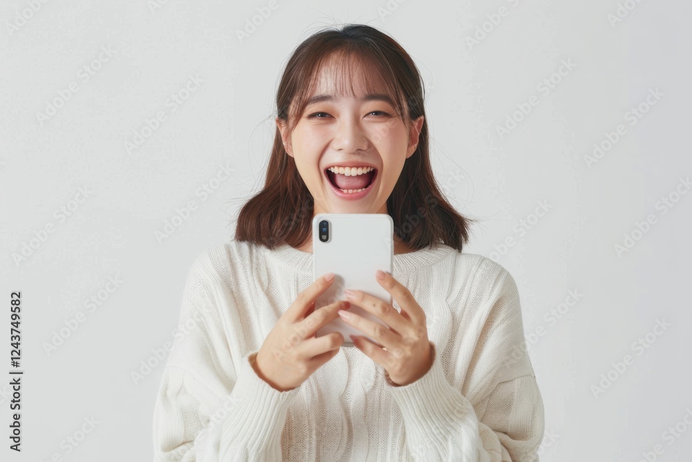 Ecstatic Asian woman holding a smartphone, celebrating her success against a white background Ecstatic Asian woman holding a smartphone, celebrating her success against a white background