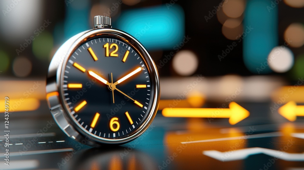 A digital clock face surrounded by dynamic glowing arrows in a blurred colorful and futuristic backdrop conveying a sense of movement technology and modern design A digital clock face surrounded by dynamic glowing arrows in a blurred colorful and futuristic backdrop conveying a sense of movement technology and modern design
