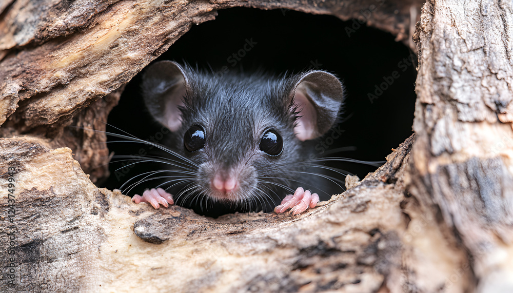 Cute little rat peeking out of hole in cheese, close up Cute little rat peeking out of hole in cheese, close up
