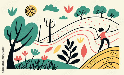 Person Hiking Spring Hill: Colorful Landscape Illustration.