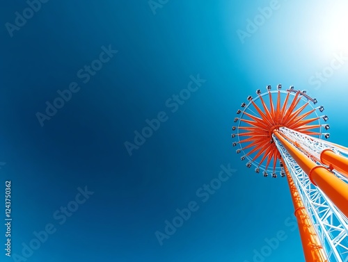 Dramatic drop tower ride against a deep blue sky, thrilling freefall moment, extreme amusement park excitement