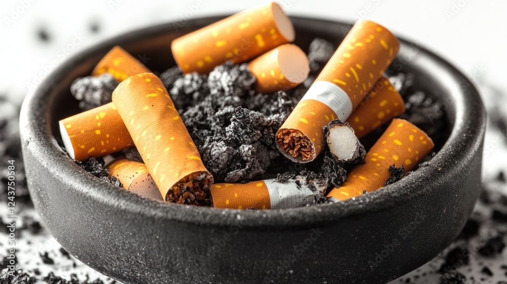 Used cigarettes in ashtray, harmful habit, indoor location, ash and smoke background Used cigarettes in ashtray, harmful habit, indoor location, ash and smoke background