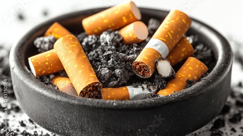 Used cigarettes in ashtray, harmful habit, indoor location, ash and smoke background photo